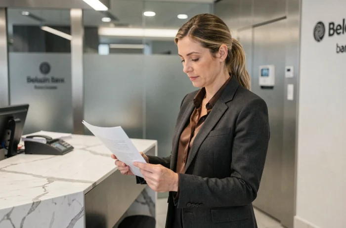 Une femme examinant des documents financiers confidentiels dans une agence bancaire belge moderne liée au secret bancaire