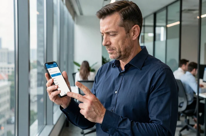 Homme en entreprise sécurisant ses documents professionnels via une application mobile de gestion RH
