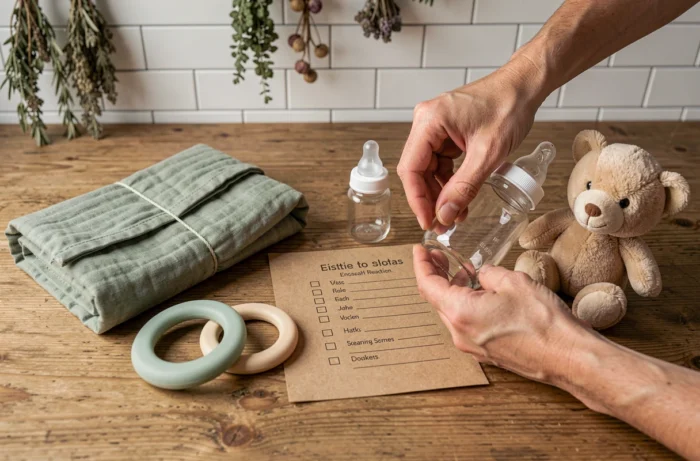 Sélection d'accessoires de bébé essentiels disposés sur une table en bois avec une liste de courses pour parents