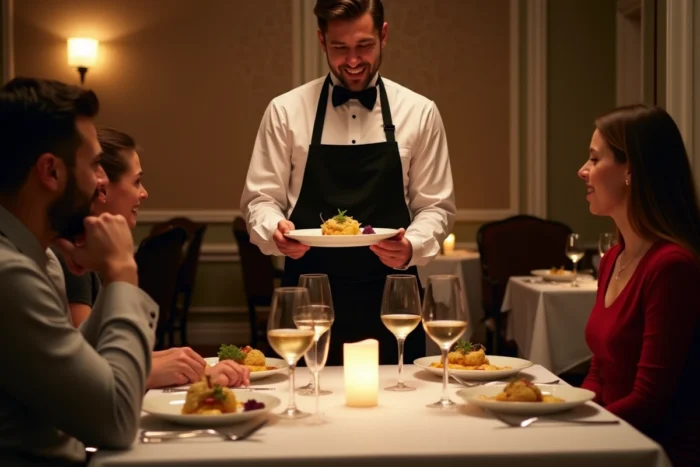 Serveur d'hôtel apportant un dîner en formule LPD pension complète dans un restaurant gastronomique