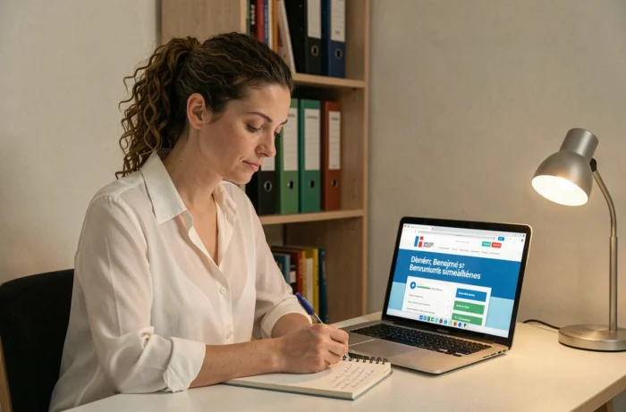 Jeune femme simulant ses droits au RSA en ligne sur le site gouvernemental depuis son bureau à domicile