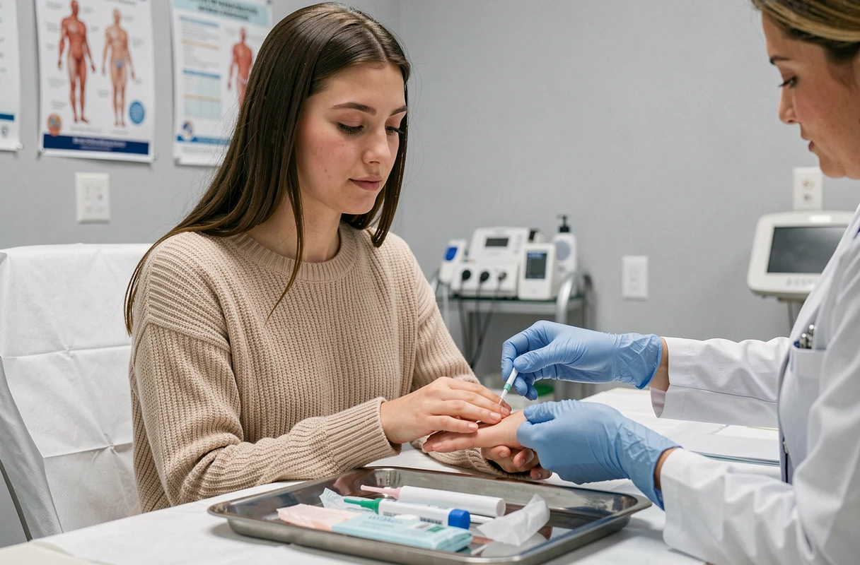 Professionnel de santé soignant un ongle arraché d'une patiente dans un cabinet médical