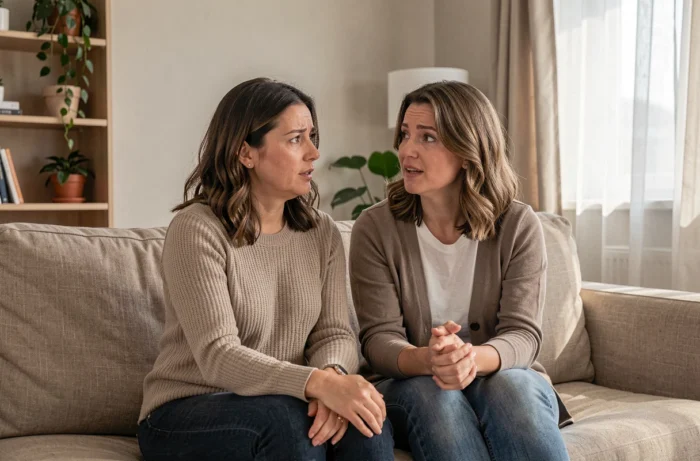 Deux femmes assises sur un canapé en lin discutent avec empathie, représentant le soutien amical et les conseils après une rupture conjugale