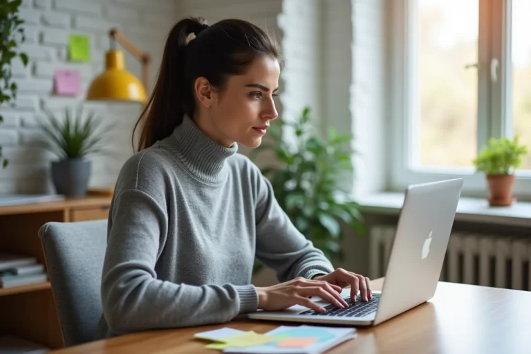 Femme travaillant sur une stratégie SEO avec des mots-clés longue traîne sur son ordinateur portable dans un bureau à domicile