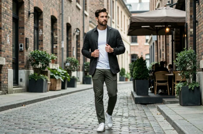 Homme stylé en chino olive et overshirt charcoal marchant dans une rue pavée urbaine, exemple de style masculin affirmé et moderne