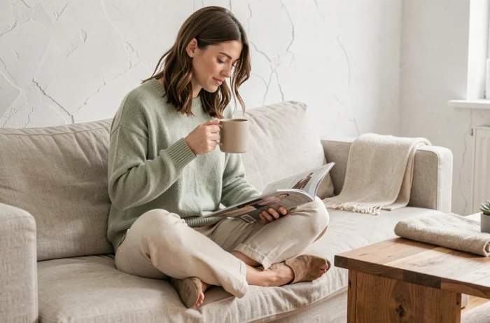Femme décontractée et stylée en pull cachemire sauge et pantalon ecru dans un intérieur minimaliste, illustrant un style affirmé au quotidien à la maison