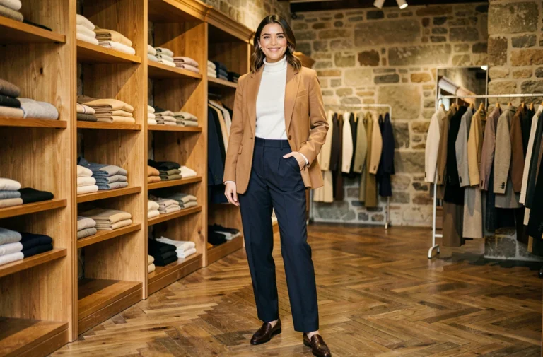 Femme élégante en blazer camel et pantalon marine dans une boutique parisienne, incarnant un style tendance et affirmé au quotidien