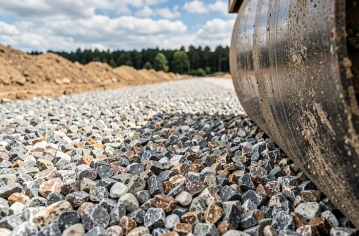 Gros plan sur la surface de gravier compacté avec un rouleau compresseur en arrière-plan sur un chantier de voirie