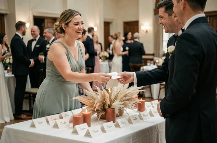 Table d'accueil de mariage avec plan de table et cartons nominatifs tenus par une demoiselle d'honneur souriante