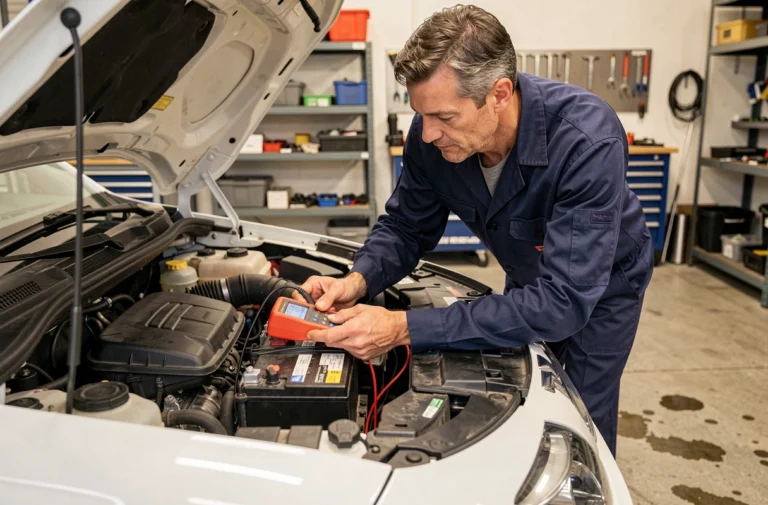 Technicien automobile inspectant la batterie d'une Citroën C3 avec un multimètre dans un garage professionnel