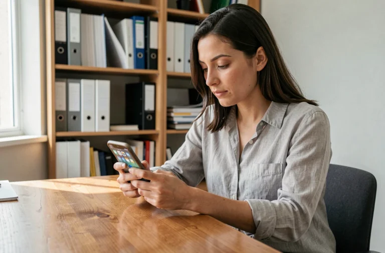 Femme téléchargeant l'application MyPeopleDoc sur son smartphone depuis un bureau à domicile