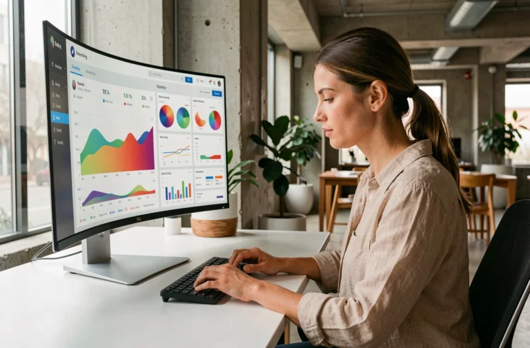 Femme professionnelle analysant des tendances digitales sur un grand écran incurvé dans un bureau moderne et minimaliste