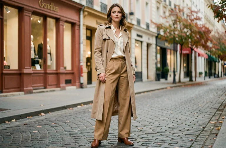 Femme élégante en trench coat beige sur un trottoir parisien pavé, look tendance automne mode