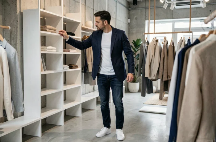 Homme stylé en blazer marine dans un concept store minimaliste, tendances mode masculine urbaine