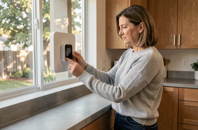 Femme utilisant un thermostat connecté intelligent dans une cuisine moderne pour optimiser sa consommation d'énergie