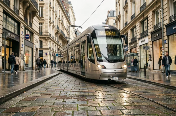 Tramway moderne circulant dans une avenue animée du centre-ville de Rennes en 2020, avec des bâtiments haussmanniens et des cyclistes en arrière-plan