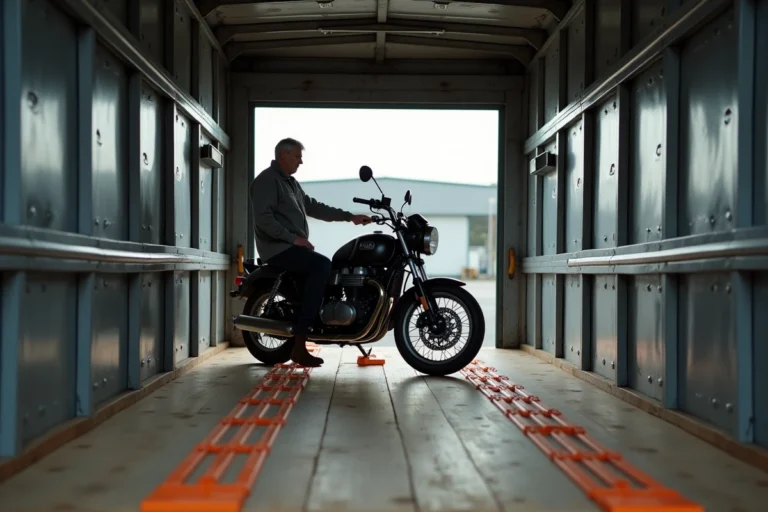 Homme attachant une moto dans un camion de location avec des sangles d'arrimage orange lors d'un transport sécurisé
