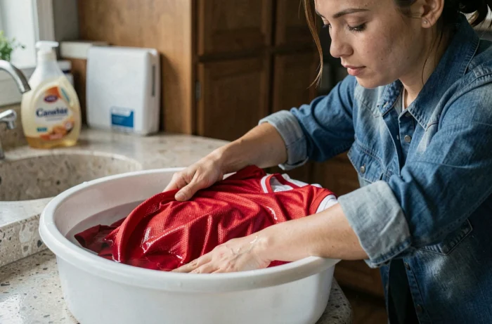Femme trempant un maillot de football rouge dans une bassine d'eau avec de l'assouplissant pour l'agrandir