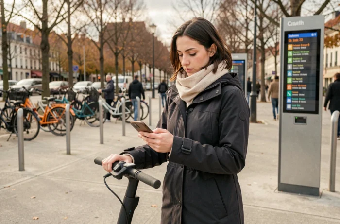 Jeune femme déverrouillant une trottinette électrique partagée sur une place publique de Rennes en 2020, avec des panneaux d'information mobilité visibles en arrière-plan