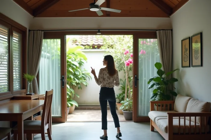 Agente immobilière thaïlandaise présentant l'intérieur d'une petite maison économique lors d'une visite immobilière en Thaïlande