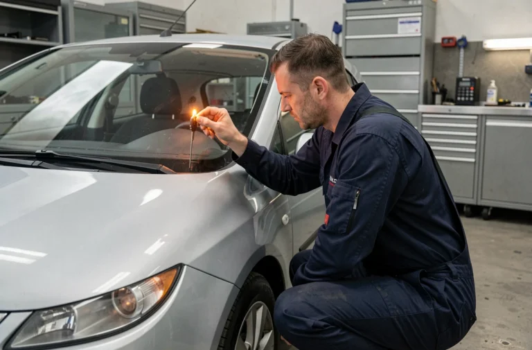 Mécanicien examinant le voyant clé orange allumé sur le tableau de bord d'une Opel Corsa dans un garage