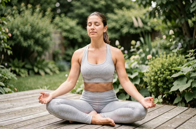 Femme pratiquant le yoga matinal sur une terrasse en bois entourée de verdure pour améliorer son bien-être quotidien